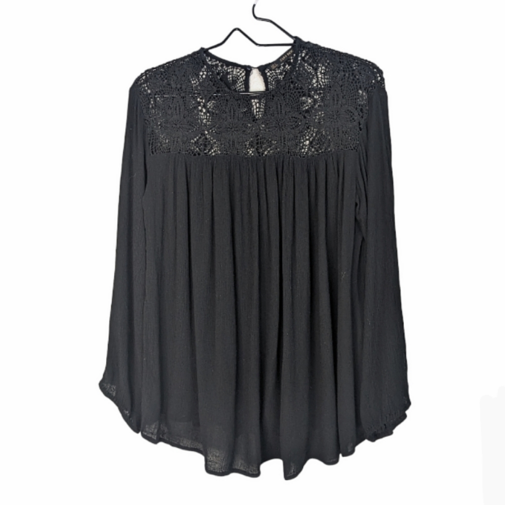 Zara Women's Black Oversized Top Blouse Loose Fit Gauze Lace Long Sleeves Size S